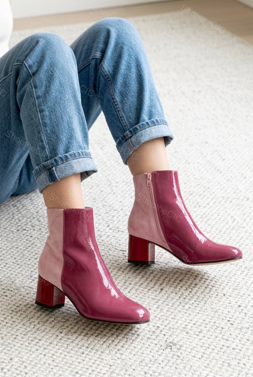 Patent Colorblock Square-Toe Block Heel Ankle Boots