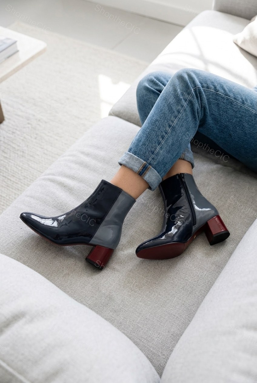Patent Colorblock Square-Toe Block Heel Ankle Boots