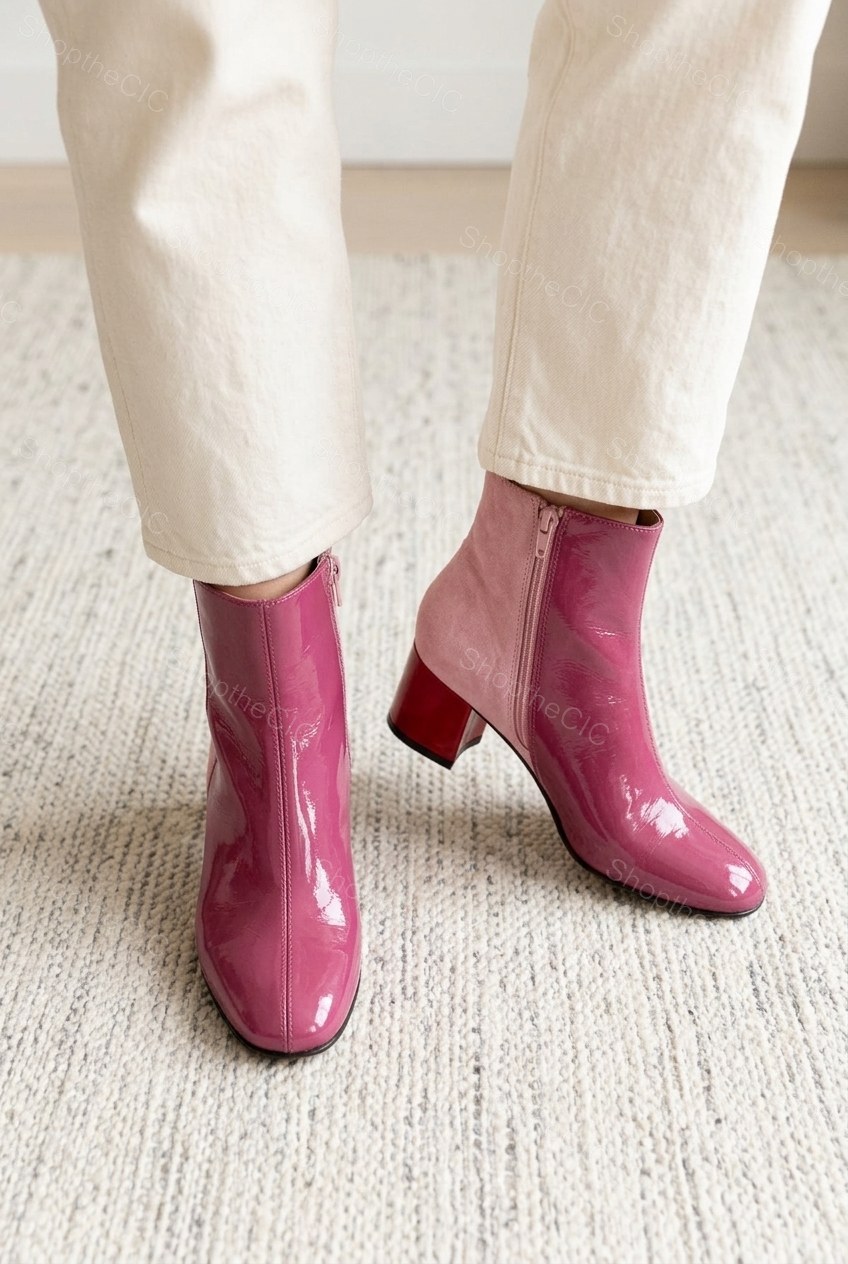 Patent Colorblock Square-Toe Block Heel Ankle Boots