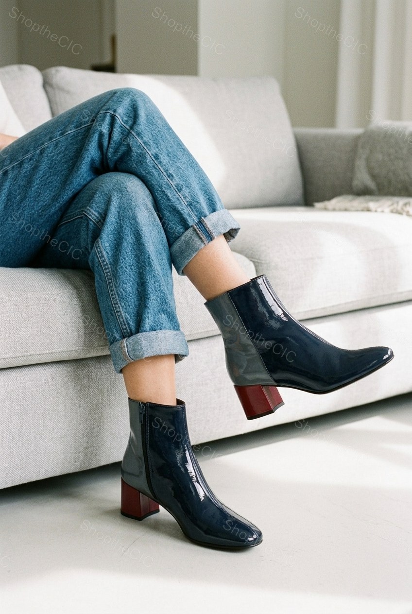 Patent Colorblock Square-Toe Block Heel Ankle Boots