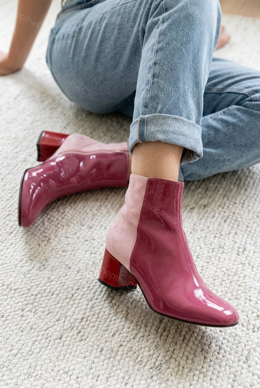Patent Colorblock Square-Toe Block Heel Ankle Boots