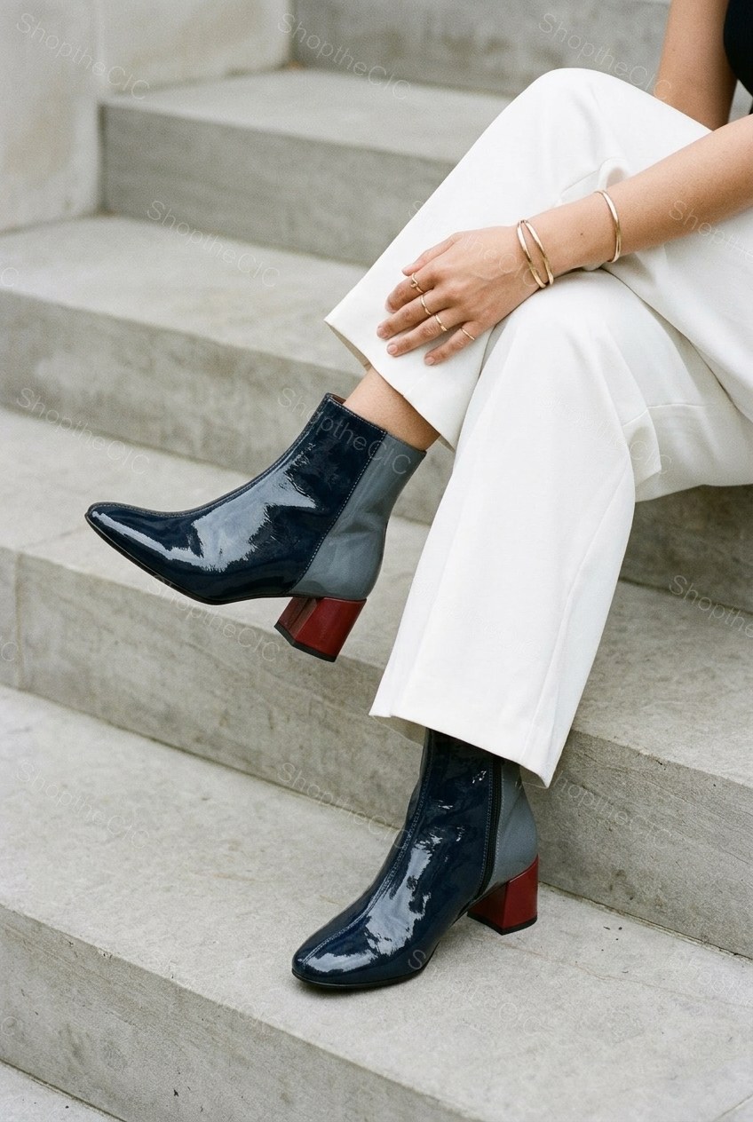 Patent Colorblock Square-Toe Block Heel Ankle Boots
