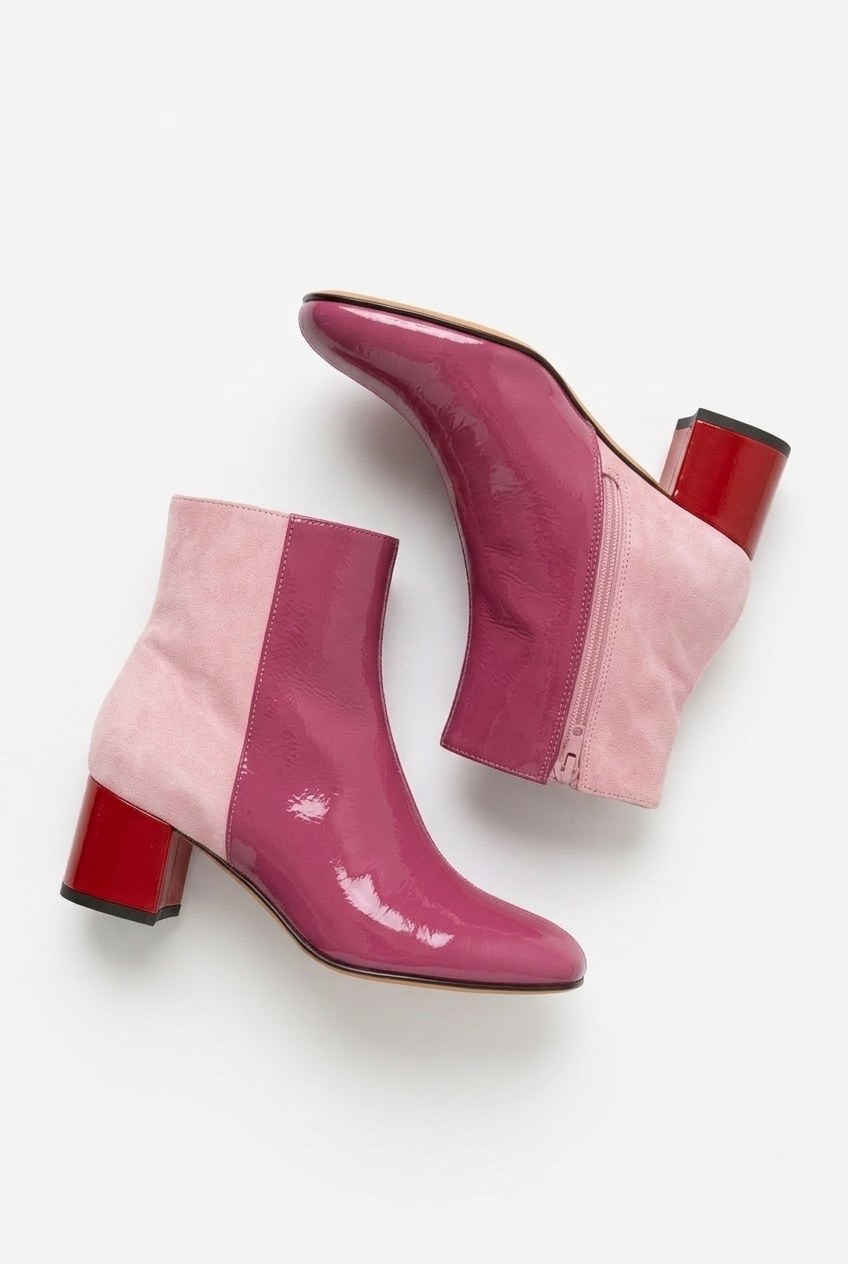 Patent Colorblock Square-Toe Block Heel Ankle Boots