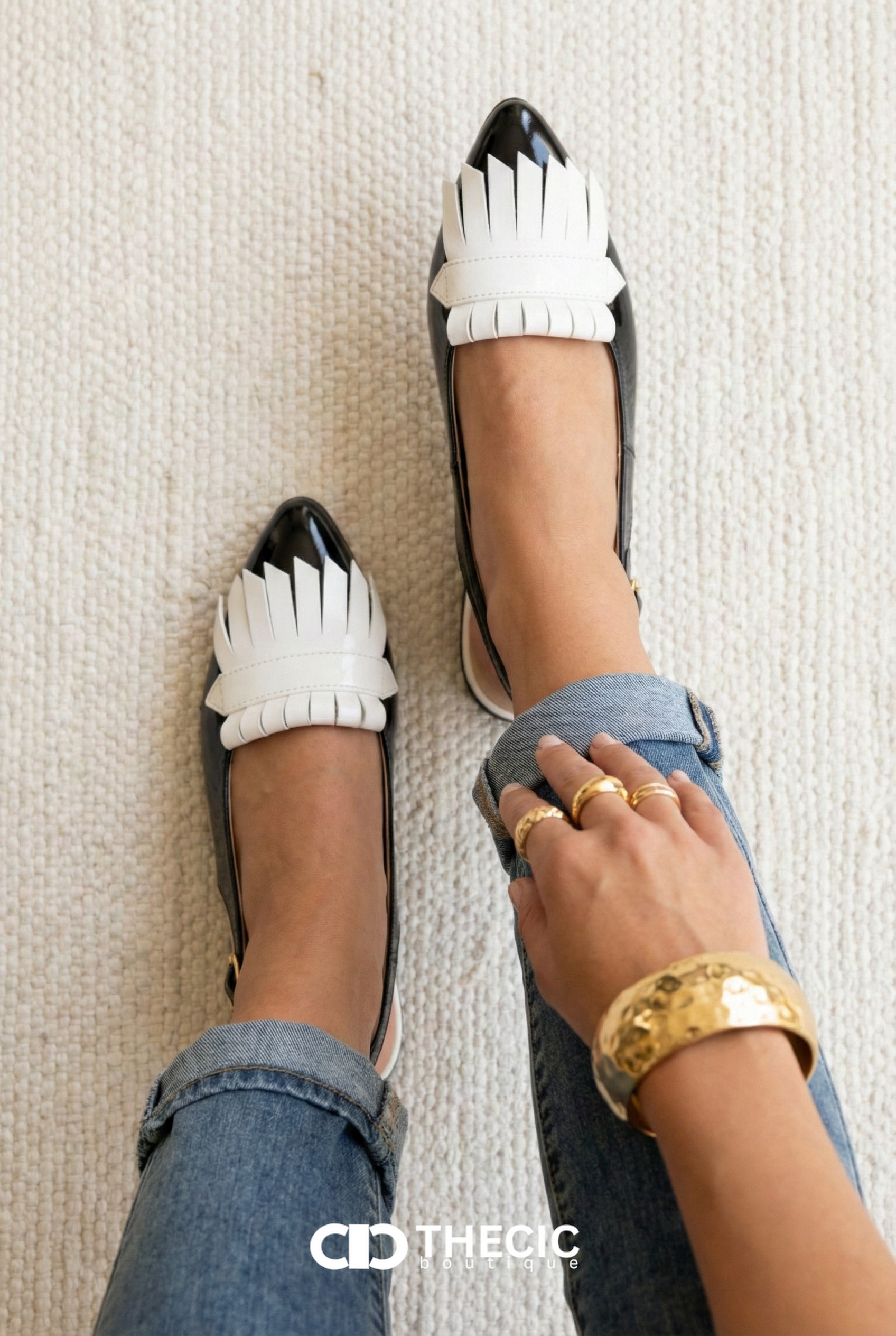 Patent Leather Pointed-Toe Fringe Slingback Flats