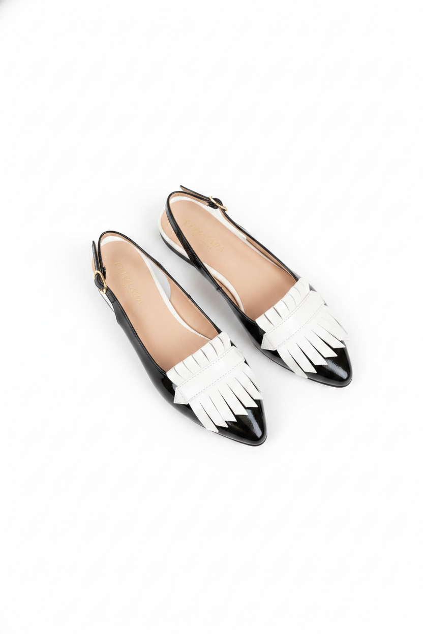 Patent Leather Pointed-Toe Fringe Slingback Flats