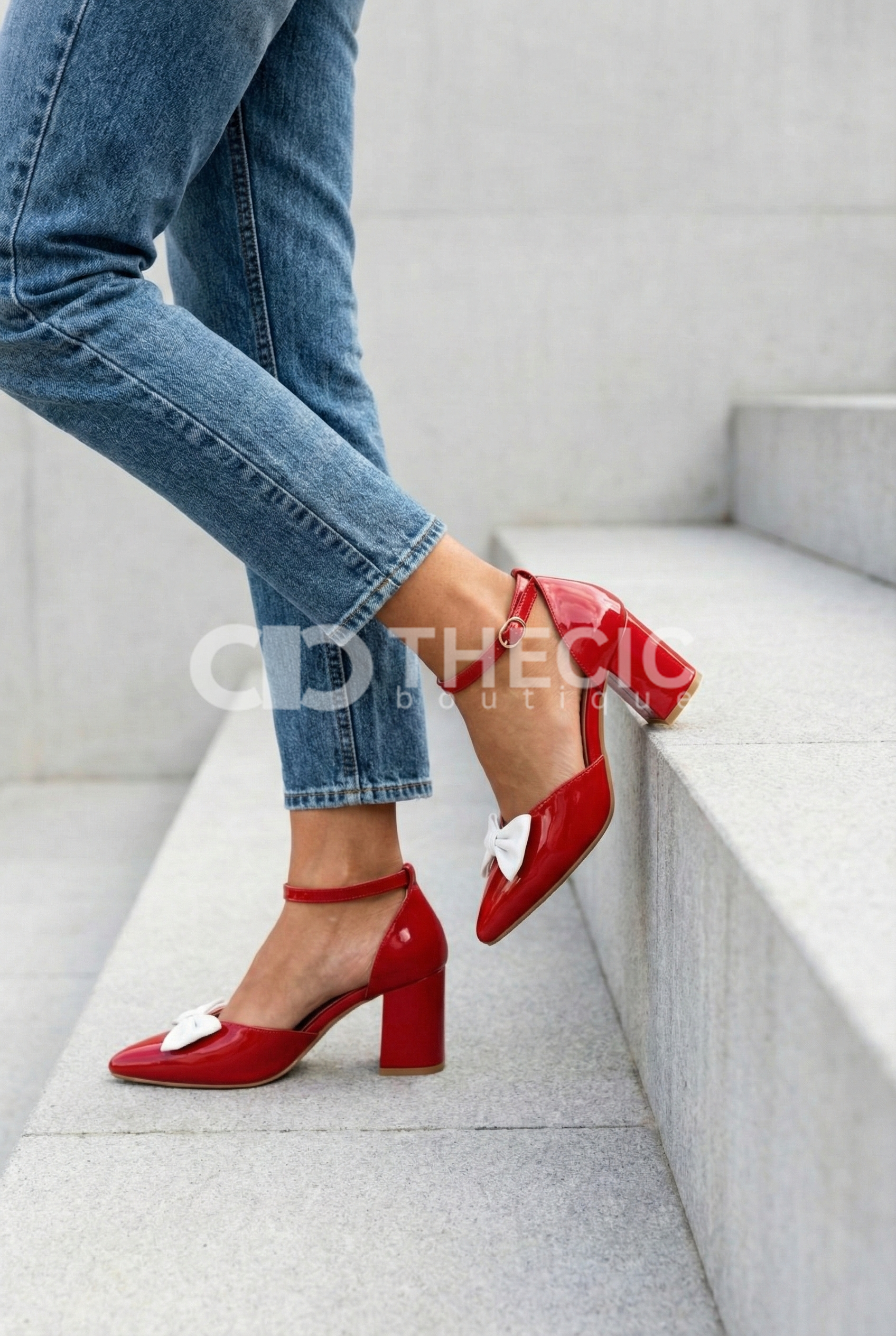 Patent Pointed-Toe Block Heel Ankle Strap Bow Pumps