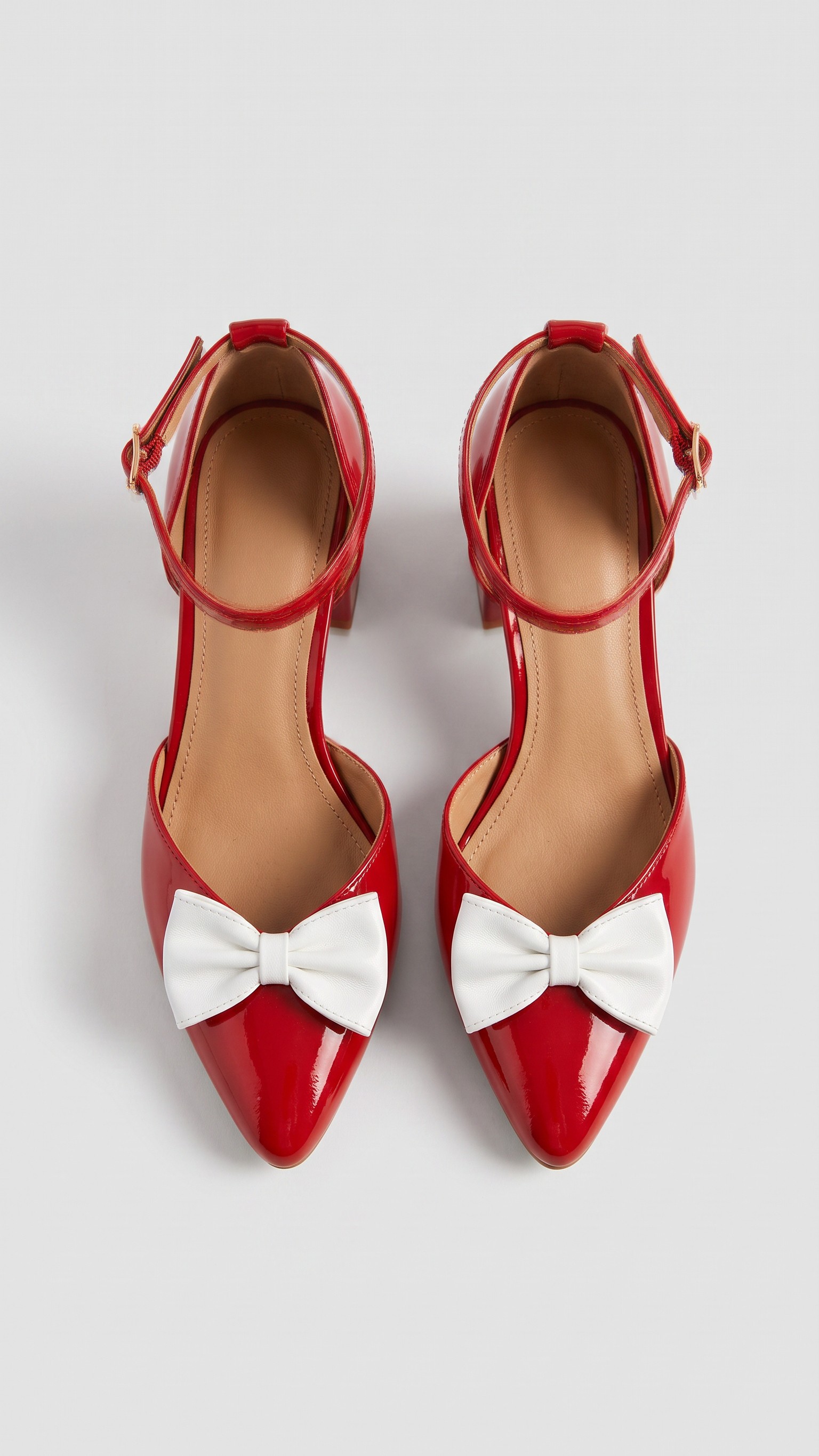 Patent Pointed-Toe Block Heel Ankle Strap Bow Pumps