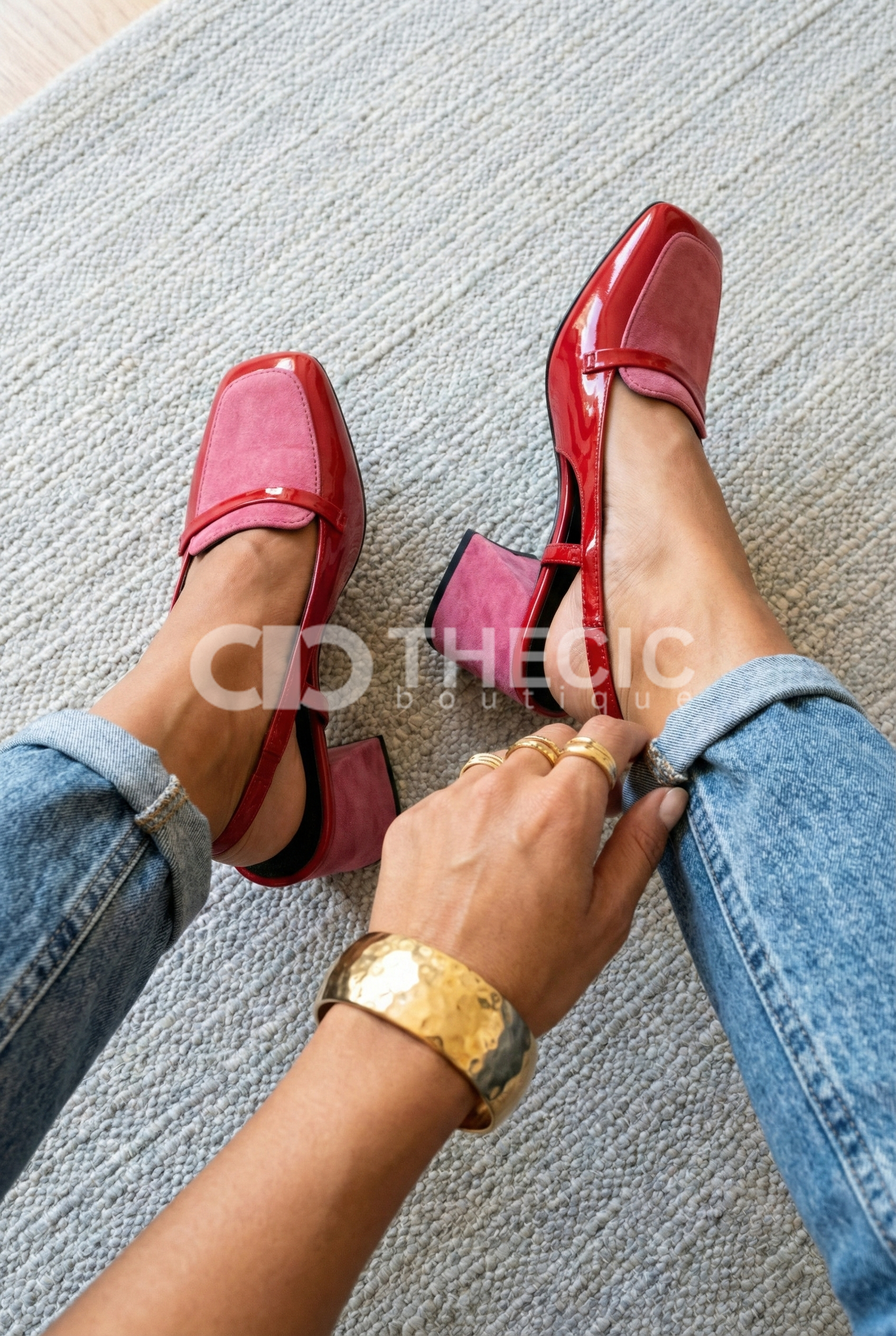 Patent Suede Square-Toe Block Heel Slingback Loafers