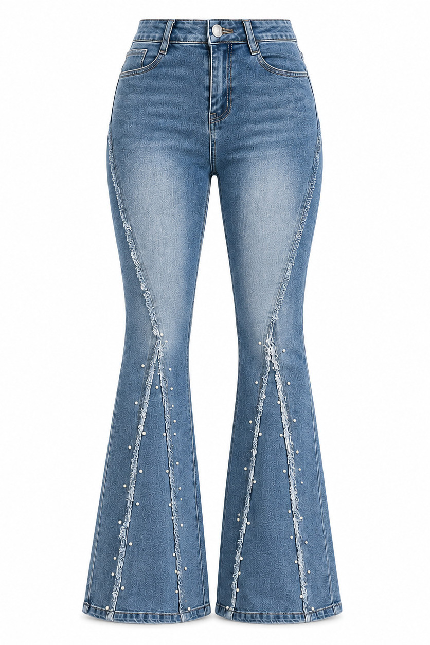 Pearl Embellished Raw Edge Flare Jeans
