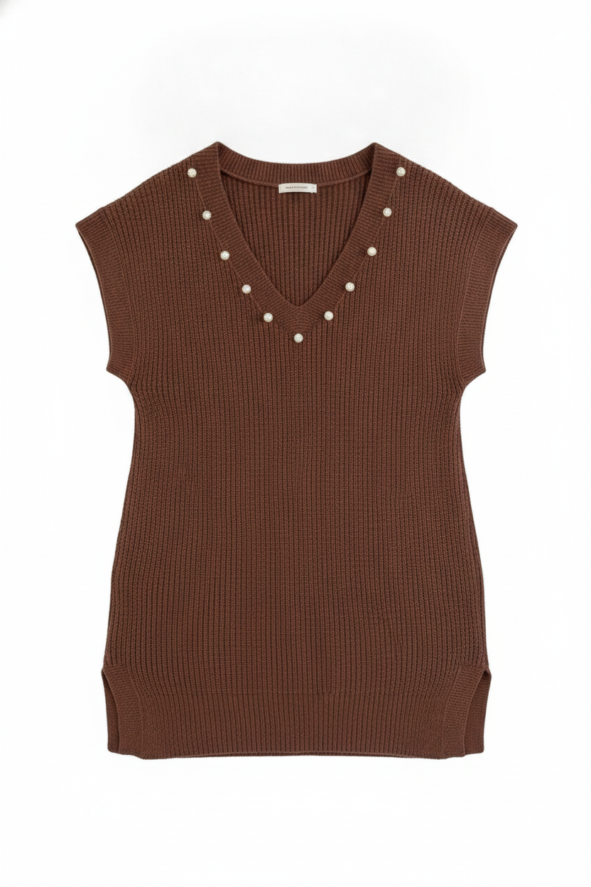 Pearl Embellished V-Neck Ribbed Knit Tunic Vest
