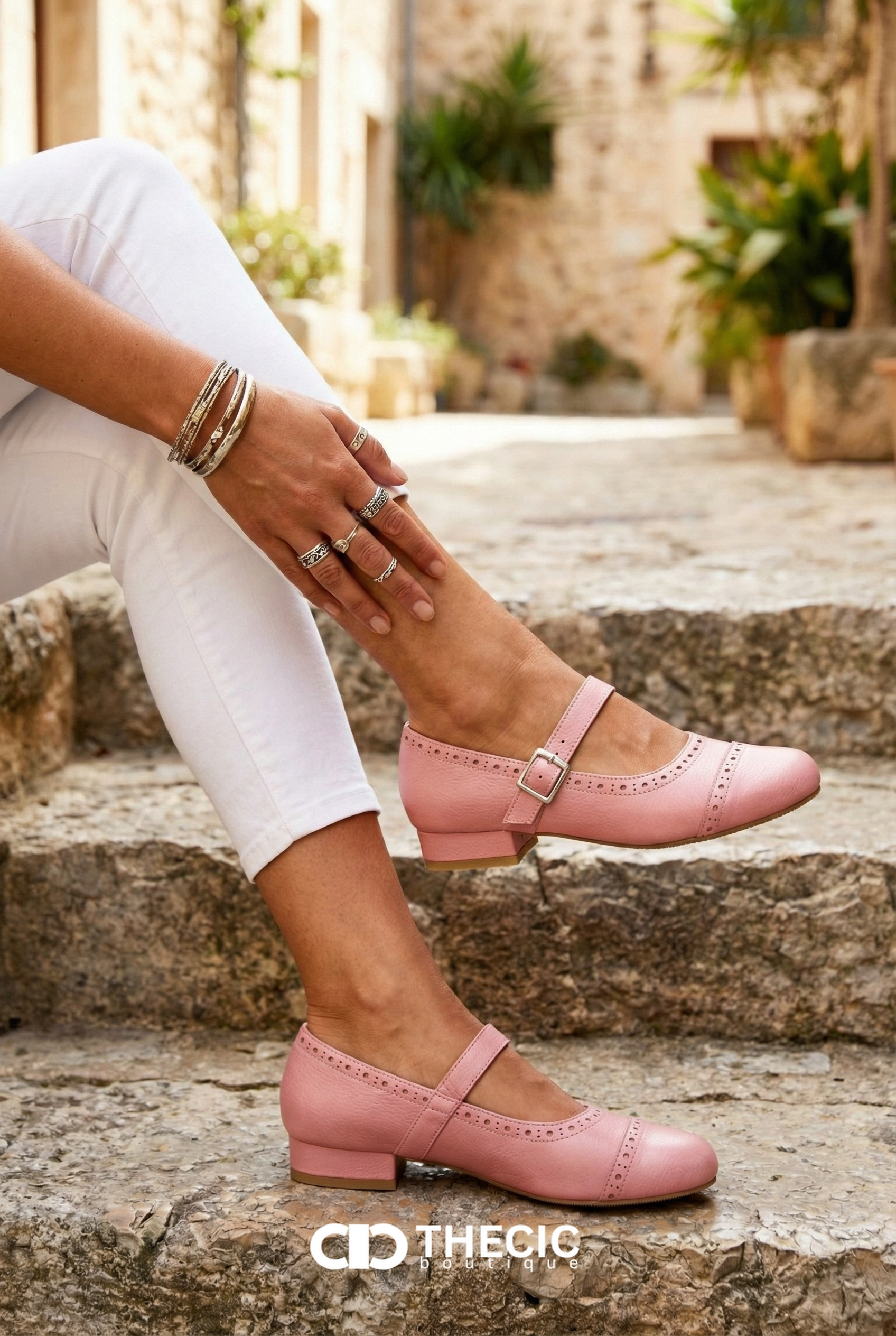 Perforated Buckle Strap Round Toe Mary Jane Flats