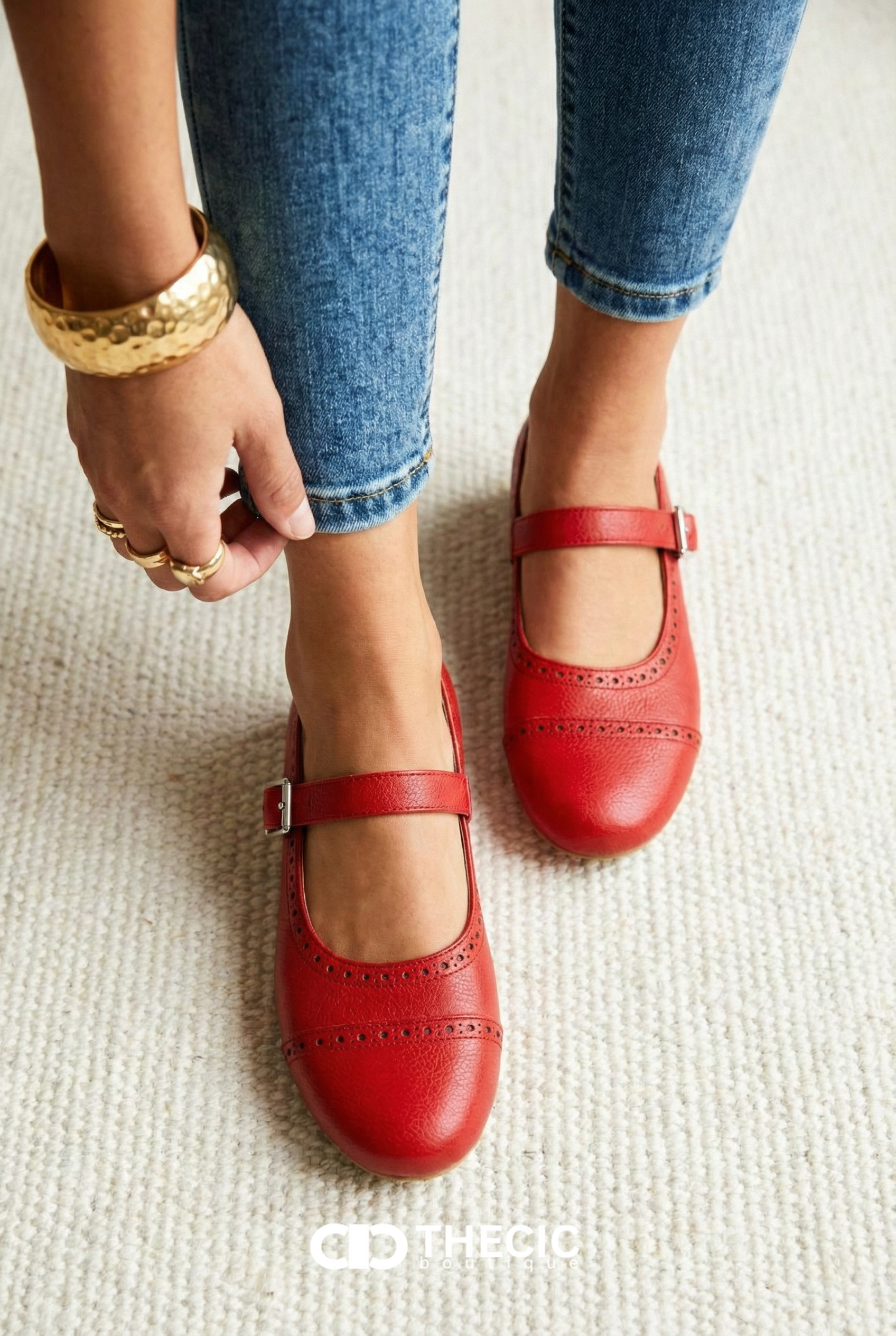 Perforated Buckle Strap Round Toe Mary Jane Flats