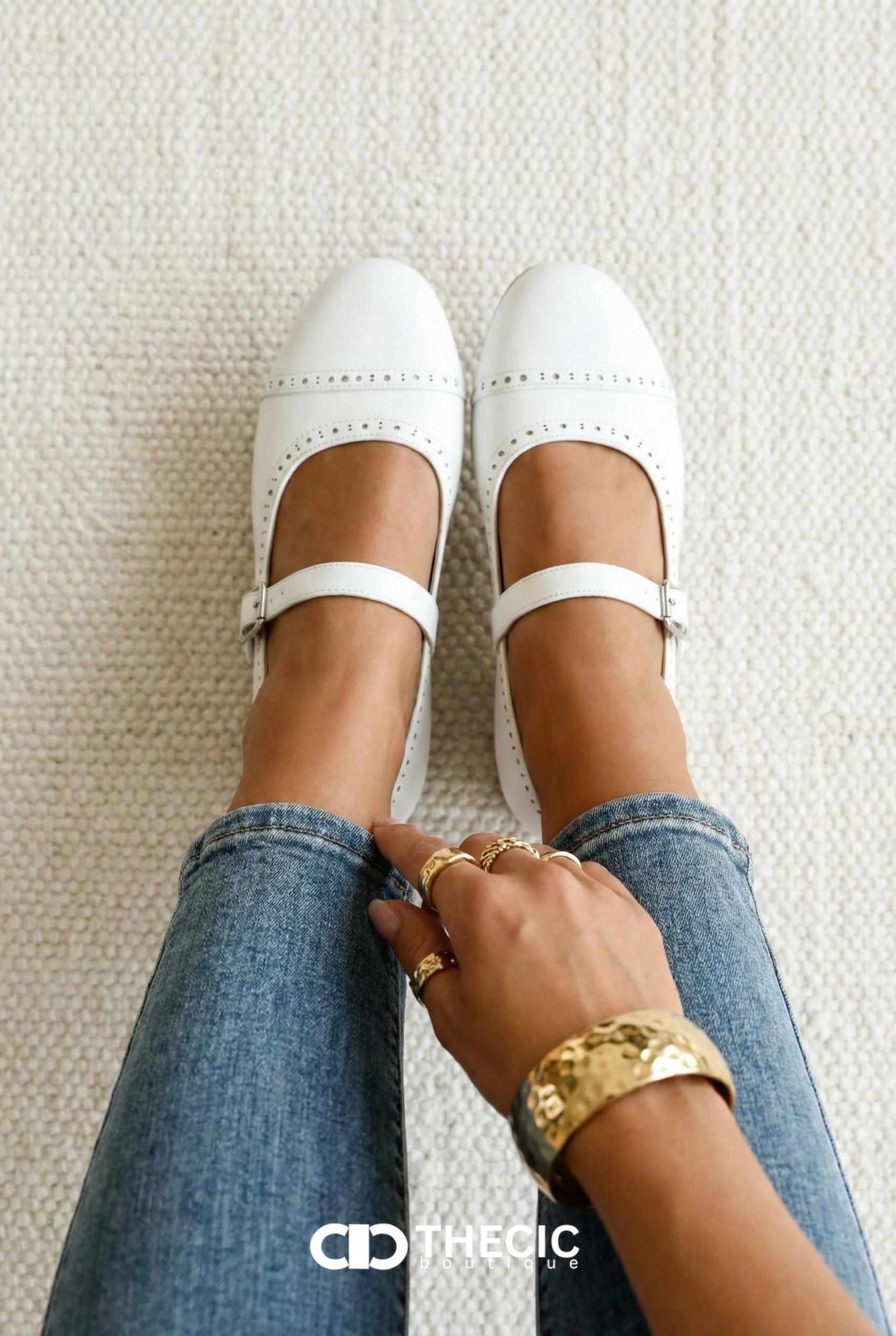 Perforated Buckle Strap Round Toe Mary Jane Flats