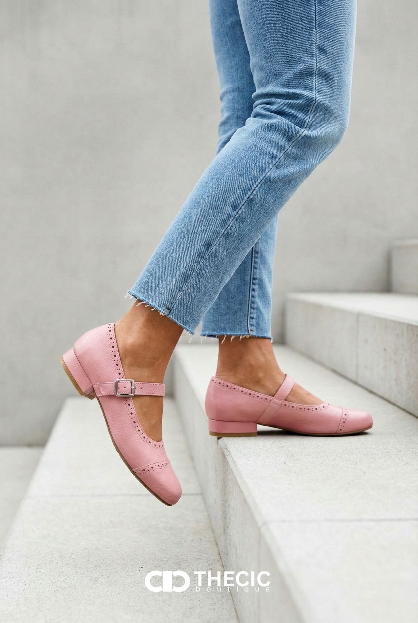 Perforated Buckle Strap Round Toe Mary Jane Flats