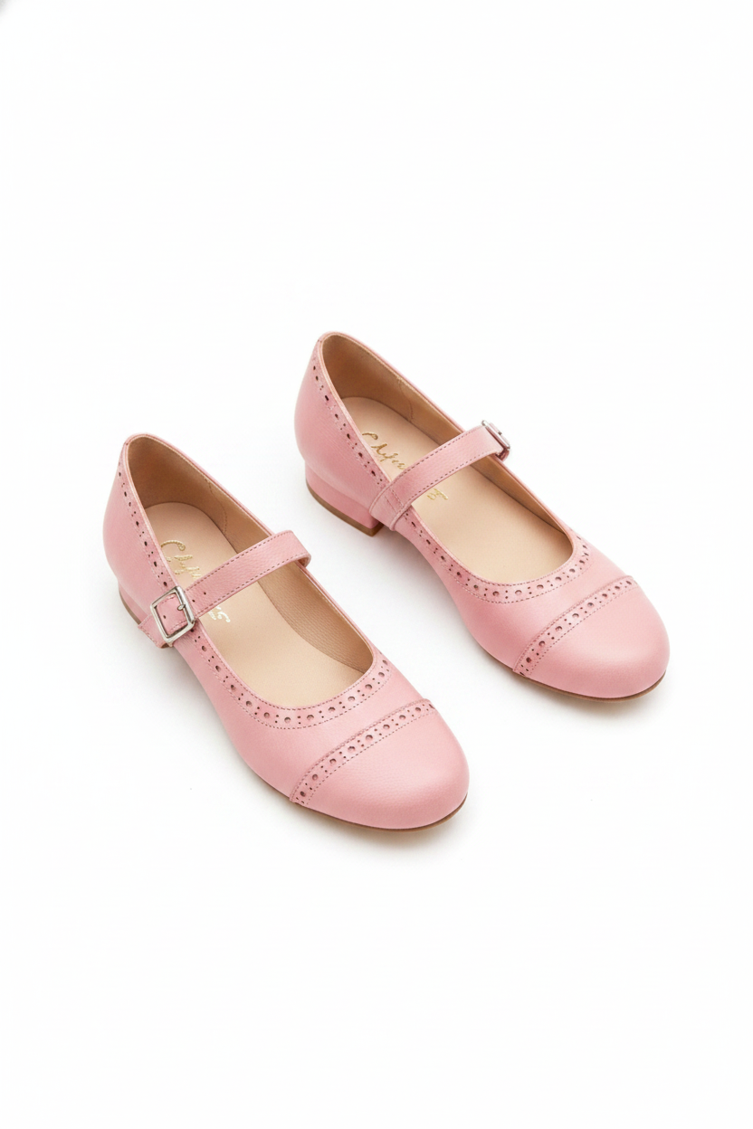Perforated Buckle Strap Round Toe Mary Jane Flats