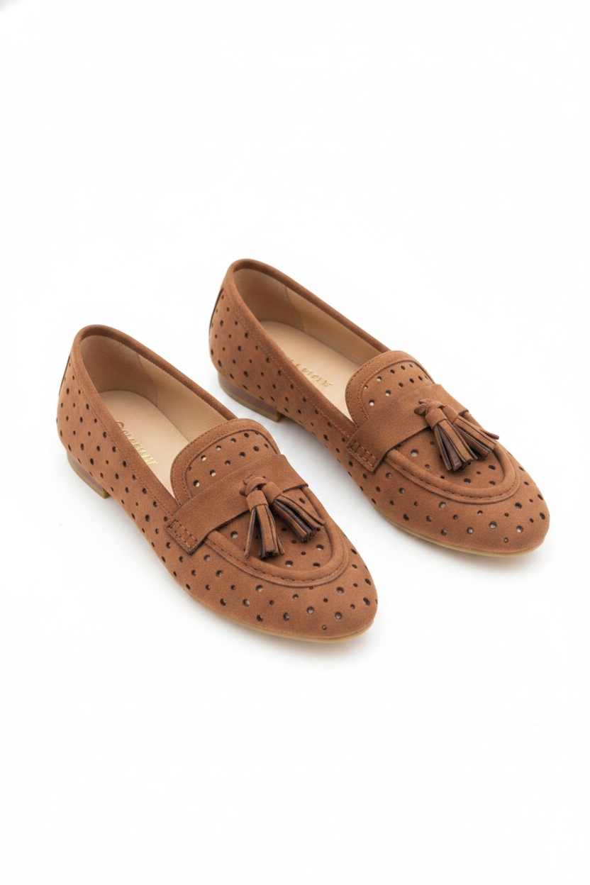 Perforated Suede Tassel Slip-On Loafers