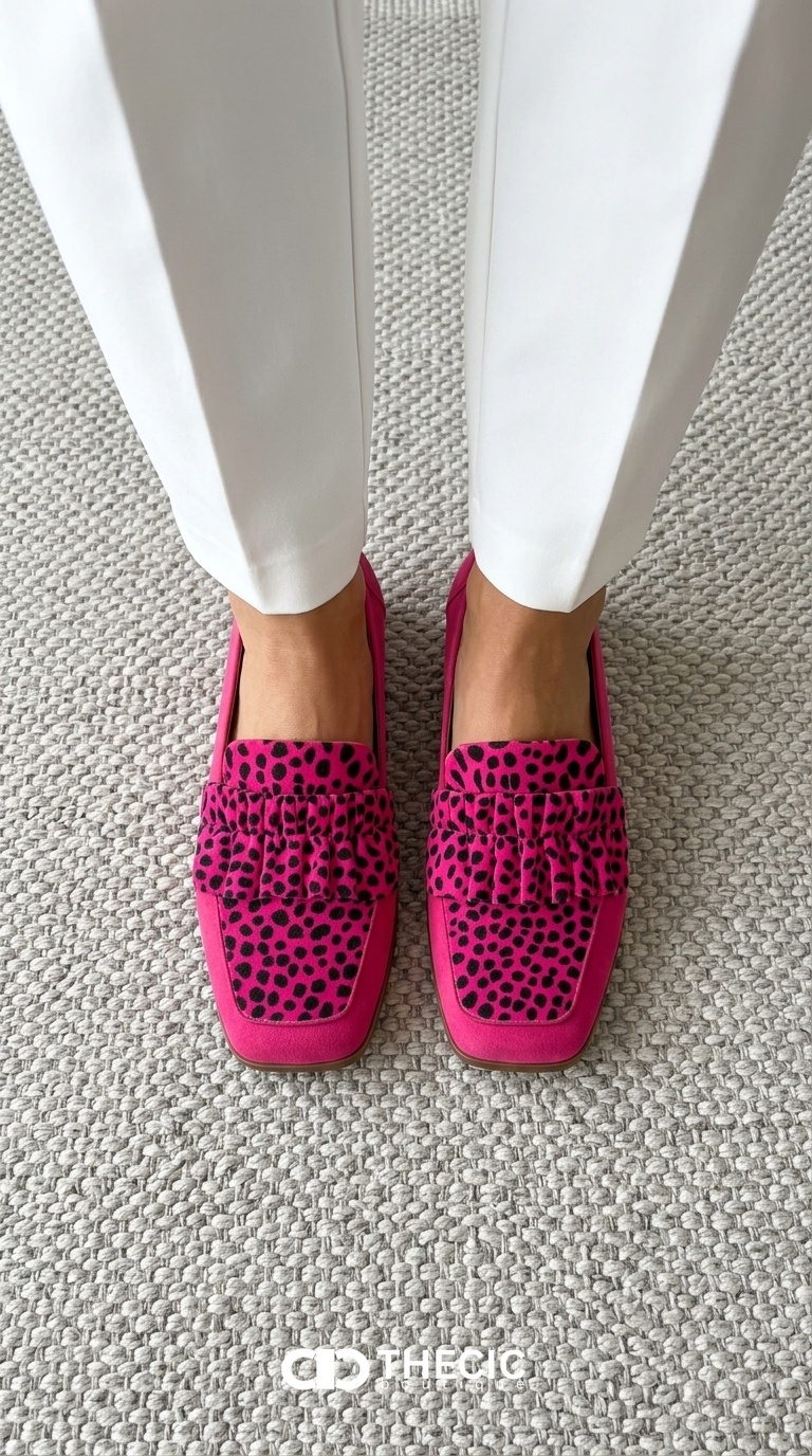 Pink Leopard Print Ruffled Square-Toe Loafers