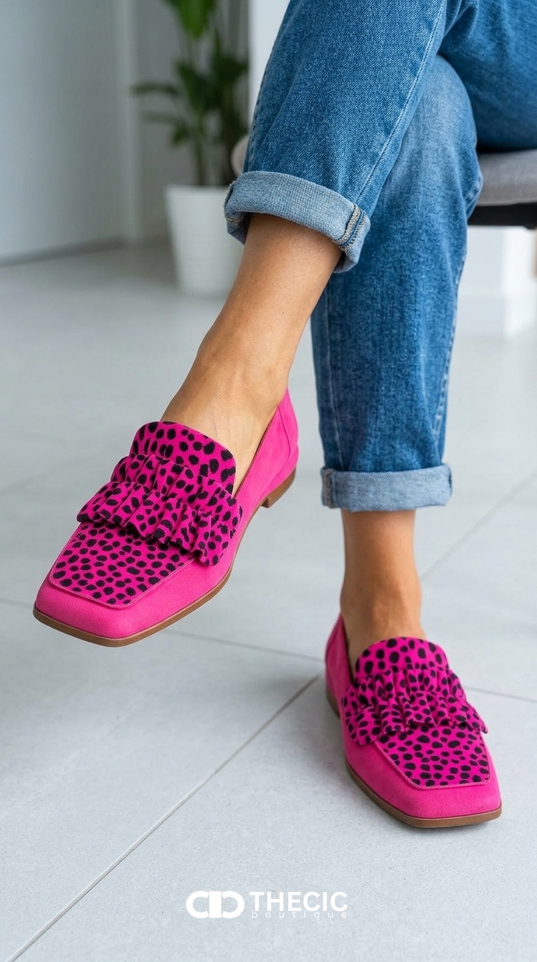 Pink Leopard Print Ruffled Square-Toe Loafers