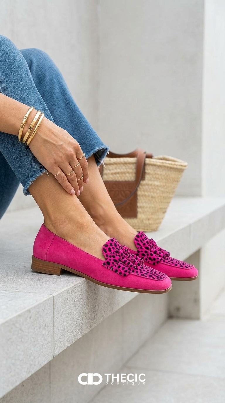 Pink Leopard Print Ruffled Square-Toe Loafers