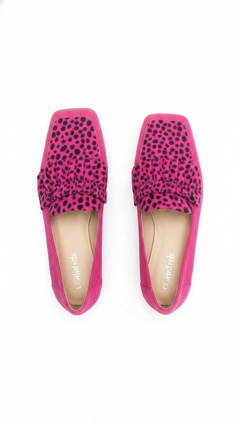 Pink Leopard Print Ruffled Square-Toe Loafers