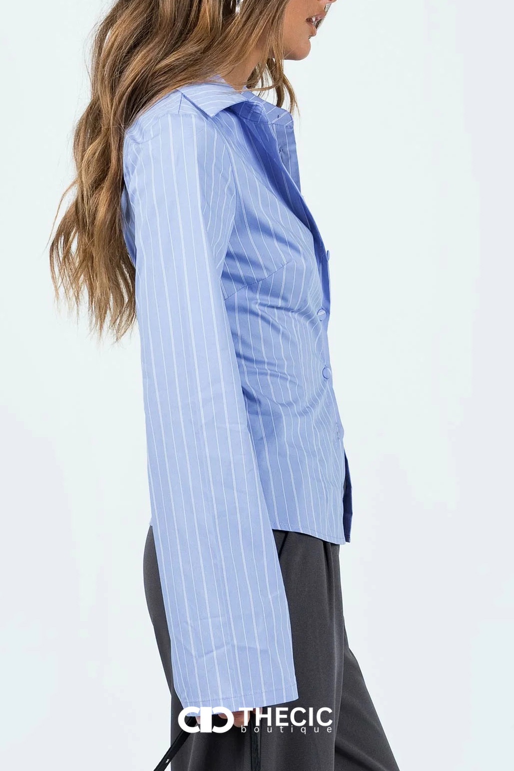 Pinstripe Fitted Collared Bell Sleeve Blouse