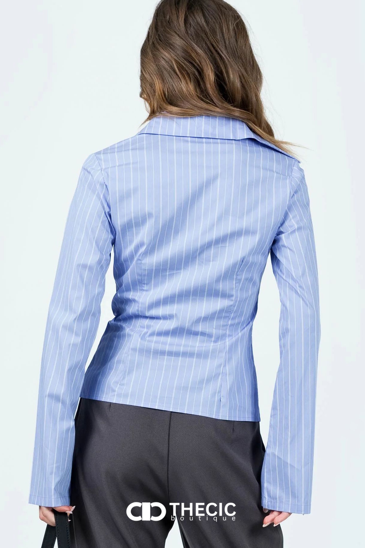 Pinstripe Fitted Collared Bell Sleeve Blouse