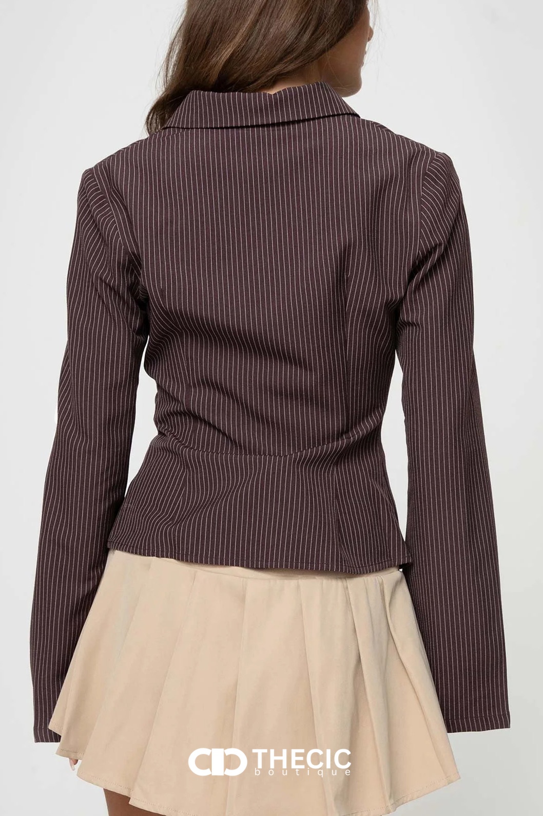 Pinstripe Fitted Collared Bell Sleeve Blouse
