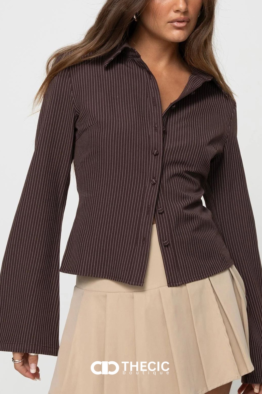 Pinstripe Fitted Collared Bell Sleeve Blouse