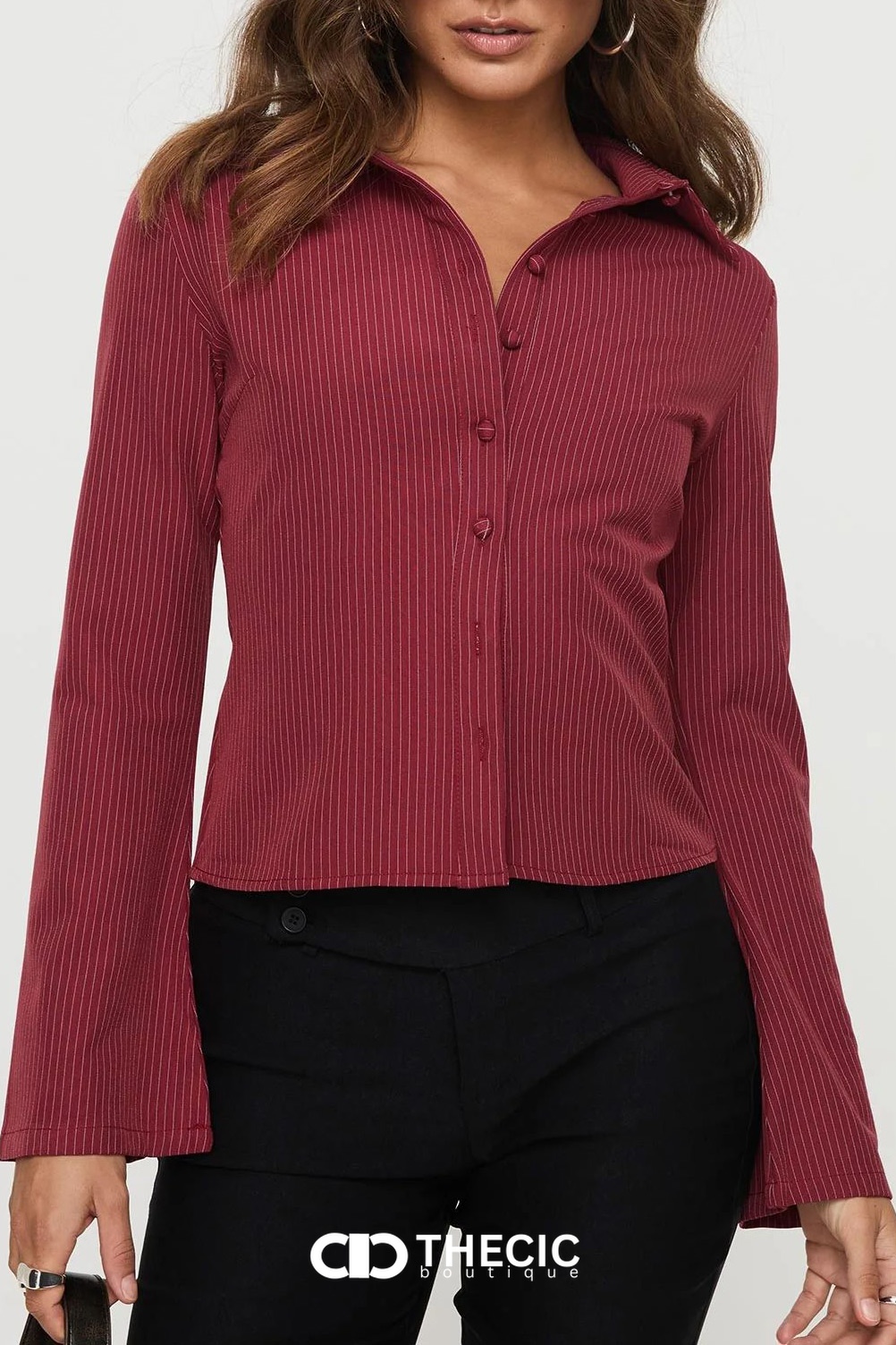 Pinstripe Fitted Collared Bell Sleeve Blouse