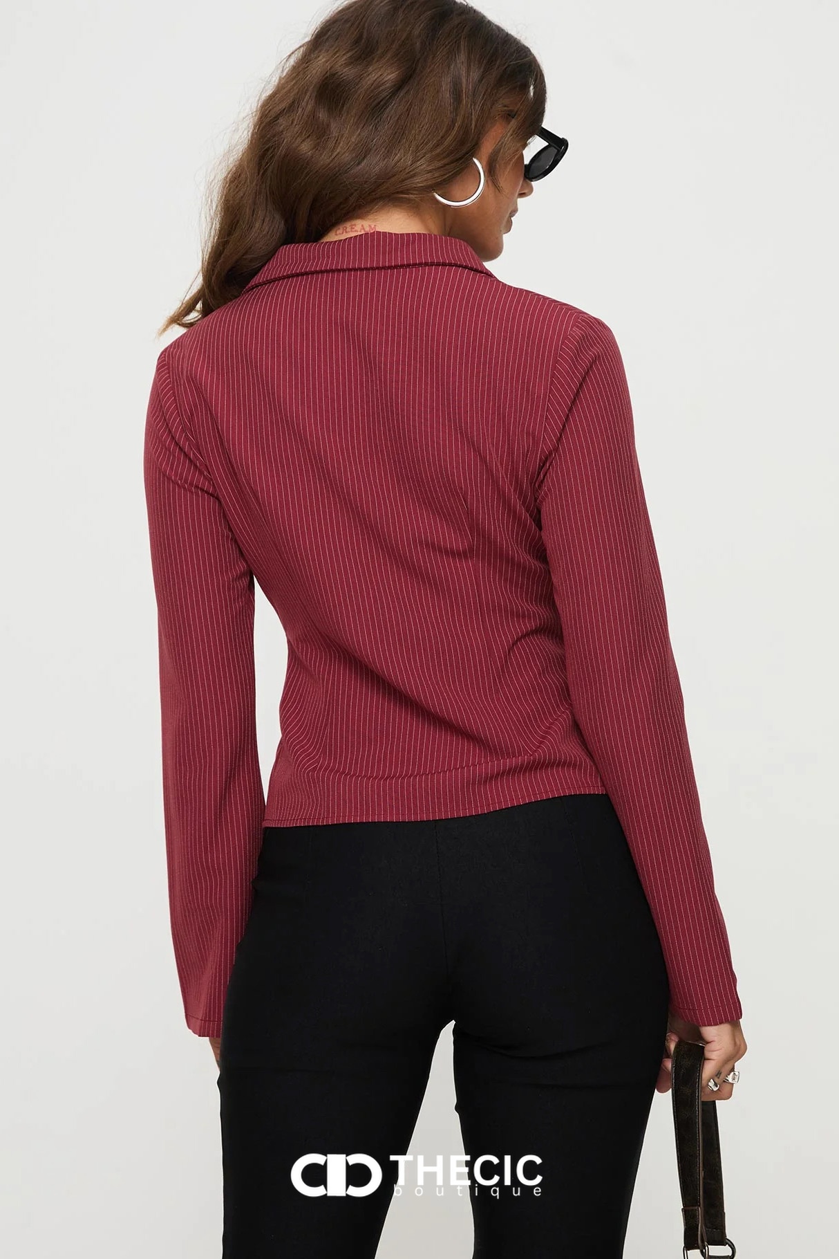 Pinstripe Fitted Collared Bell Sleeve Blouse