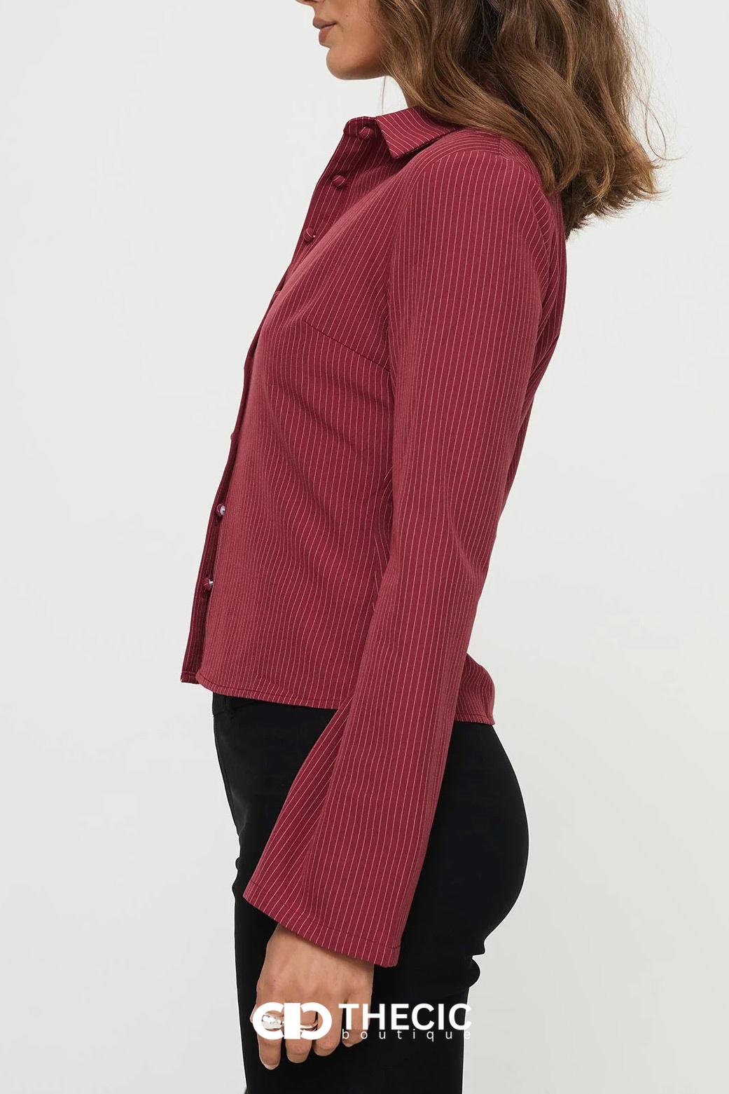 Pinstripe Fitted Collared Bell Sleeve Blouse