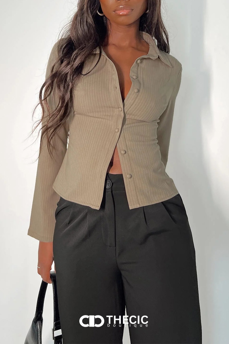 Pinstripe Fitted Collared Bell Sleeve Blouse