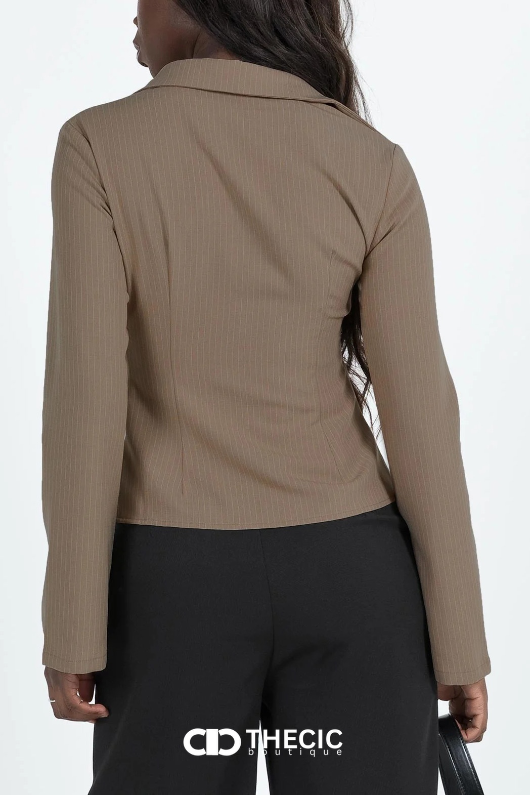 Pinstripe Fitted Collared Bell Sleeve Blouse