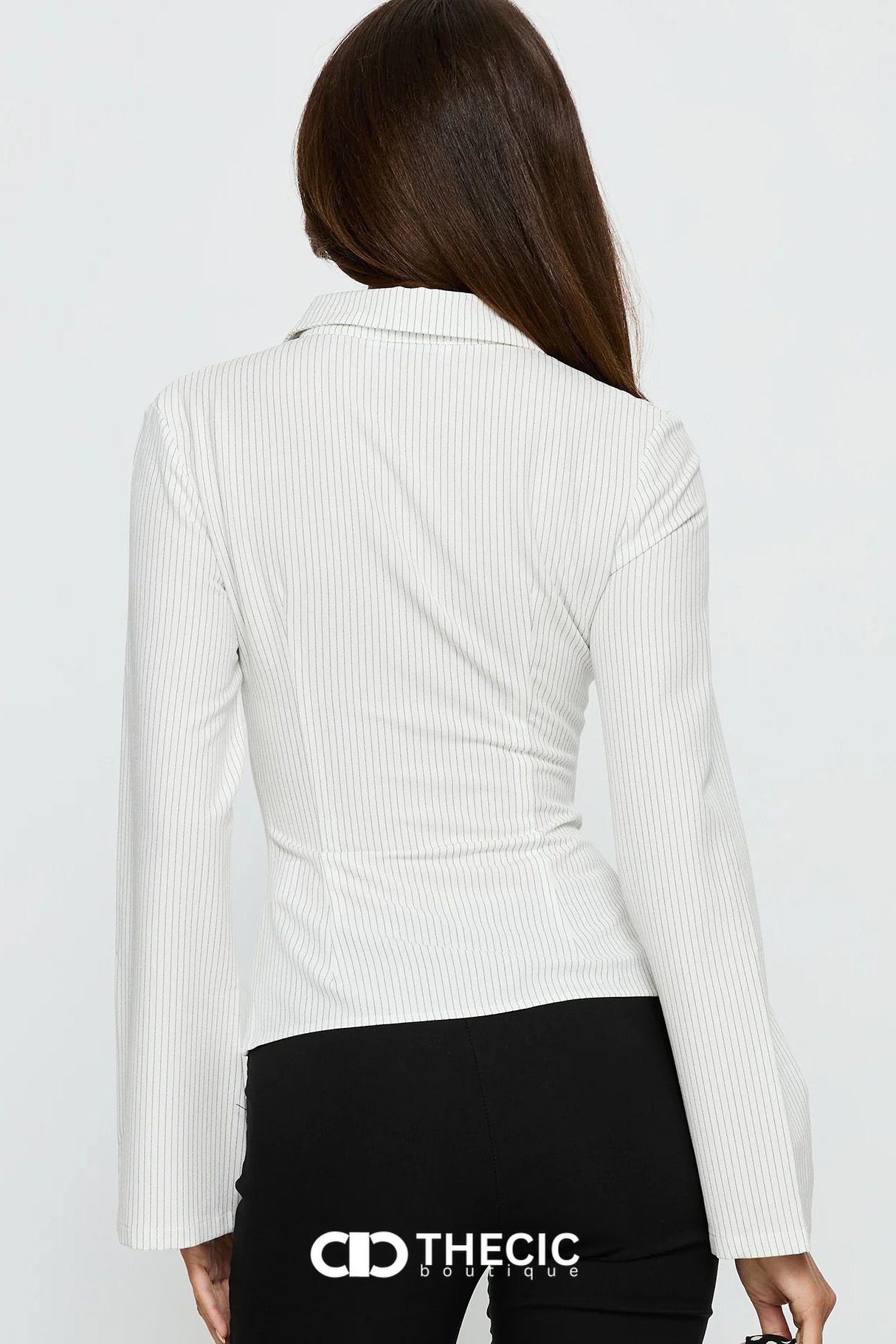 Pinstripe Fitted Collared Bell Sleeve Blouse