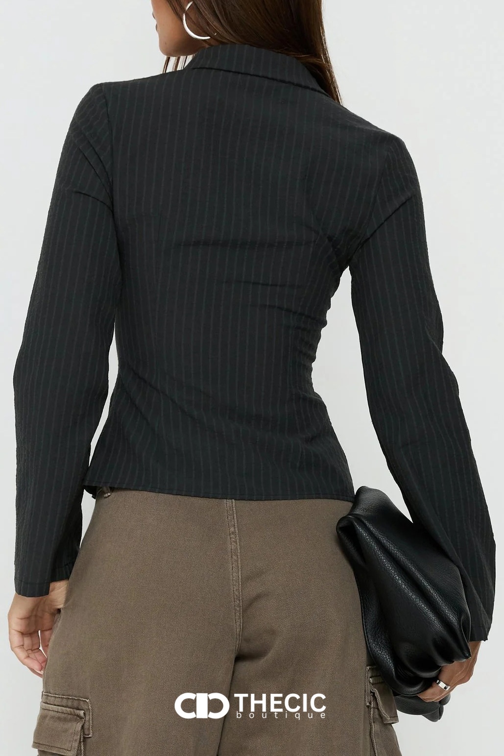 Pinstripe Fitted Collared Bell Sleeve Blouse