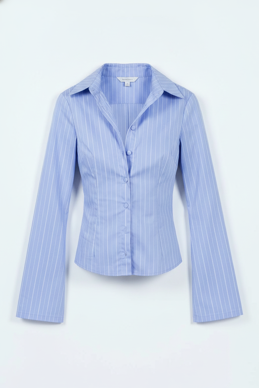 Pinstripe Fitted Collared Bell Sleeve Blouse
