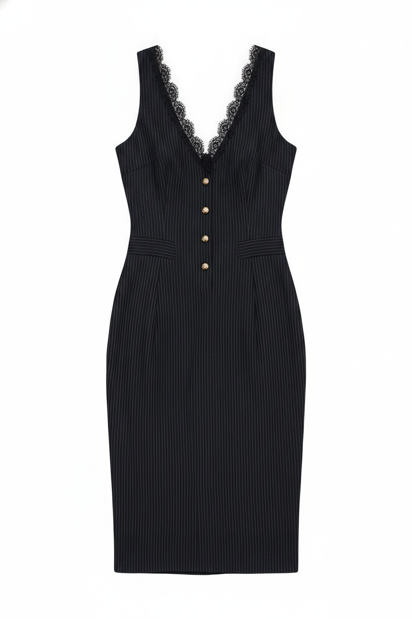 Pinstripe Lace Trim Button-Front Fitted Midi Dress