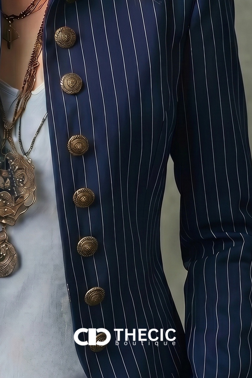 Pinstripe Stand Collar Ornate Button Fitted Blazer