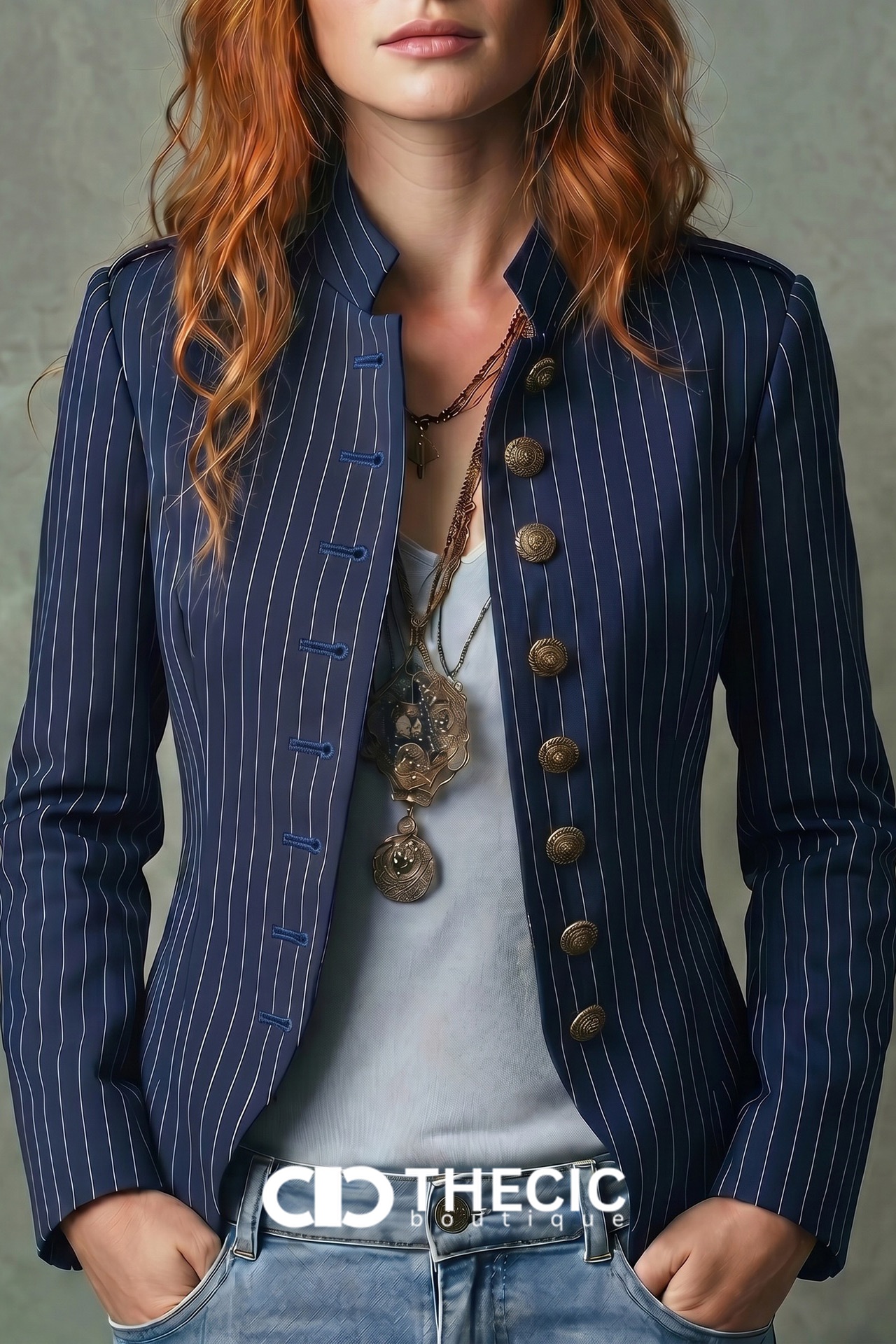 Pinstripe Stand Collar Ornate Button Fitted Blazer