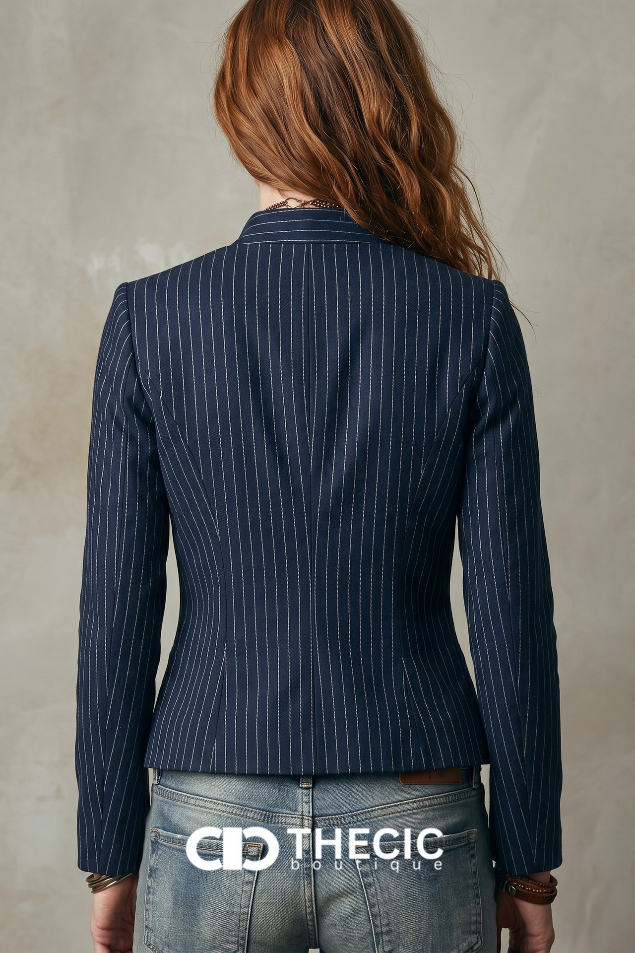 Pinstripe Stand Collar Ornate Button Fitted Blazer