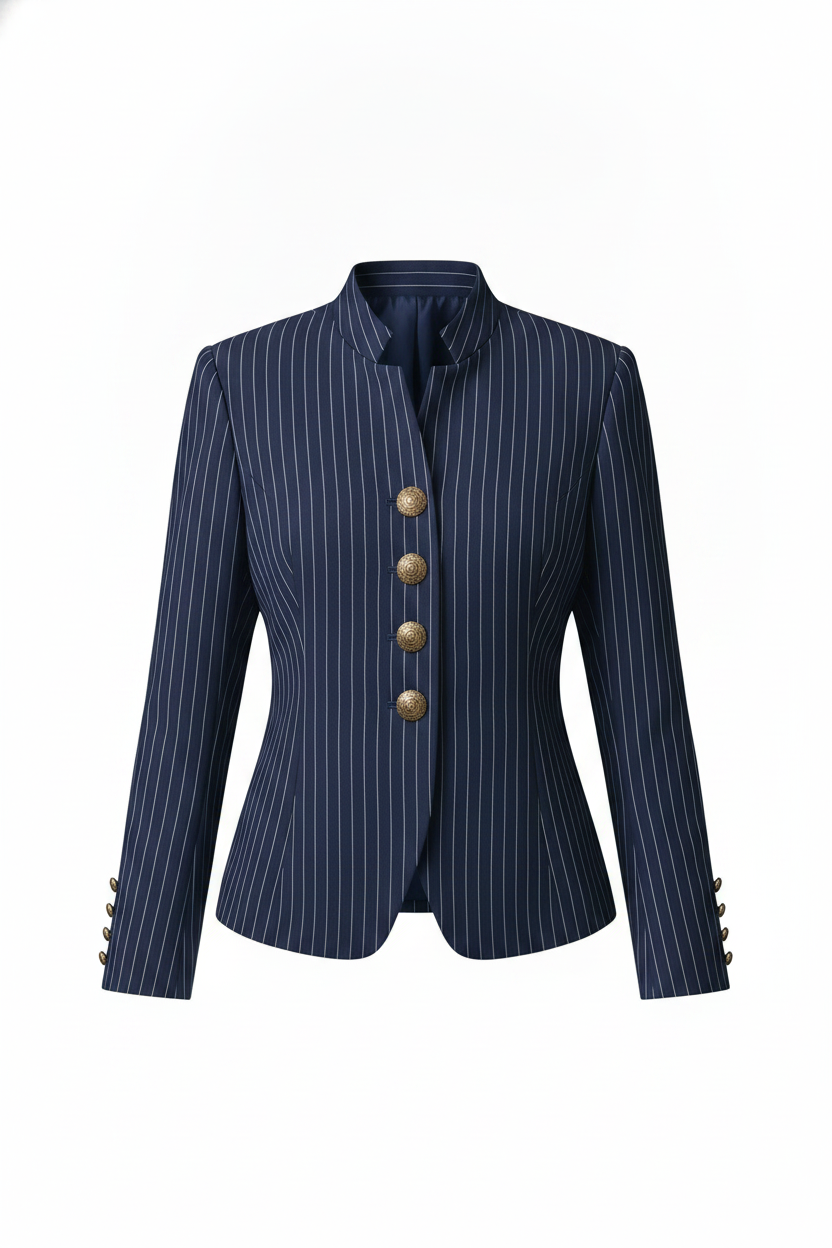 Pinstripe Stand Collar Ornate Button Fitted Blazer