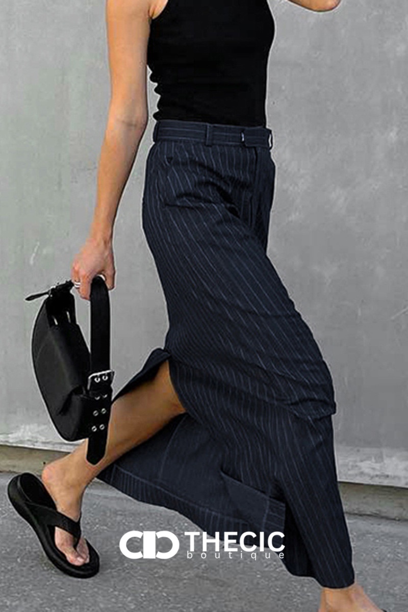 Pinstripe Wide Leg Slit Trousers
