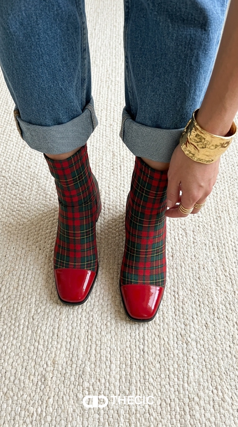 Plaid Fabric Square-Toe Block Heel Ankle Boots