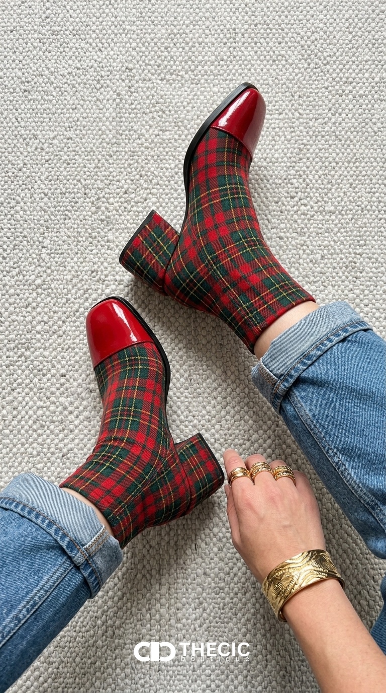 Plaid Fabric Square-Toe Block Heel Ankle Boots