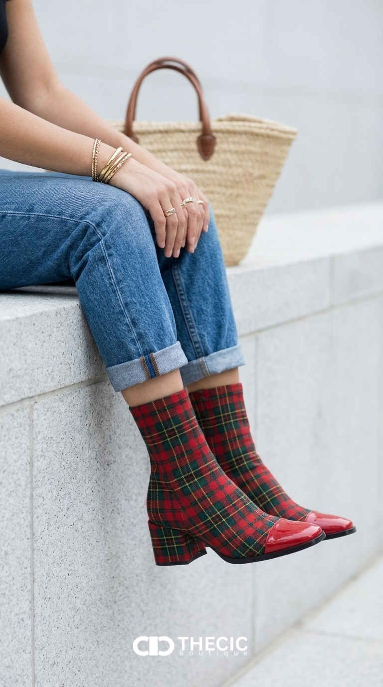 Plaid Fabric Square-Toe Block Heel Ankle Boots