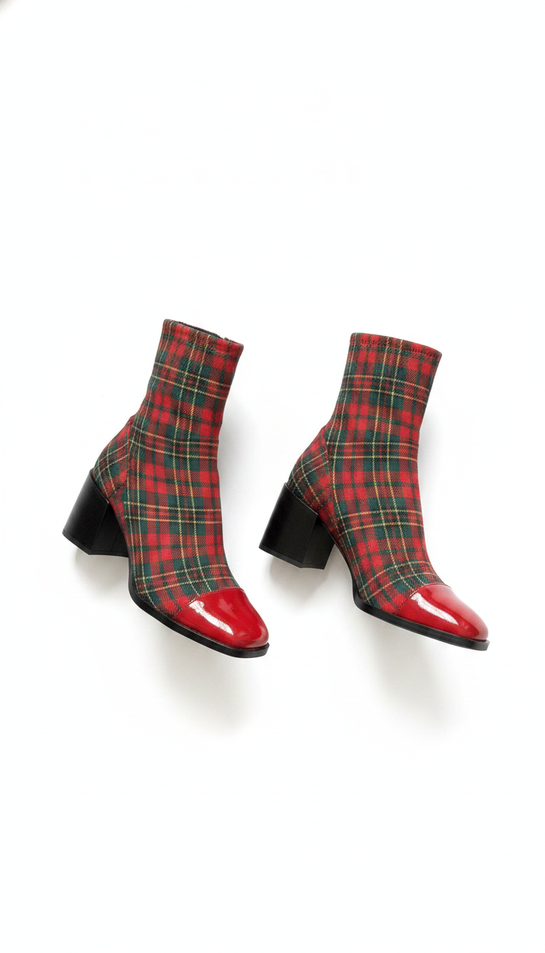 Plaid Fabric Square-Toe Block Heel Ankle Boots