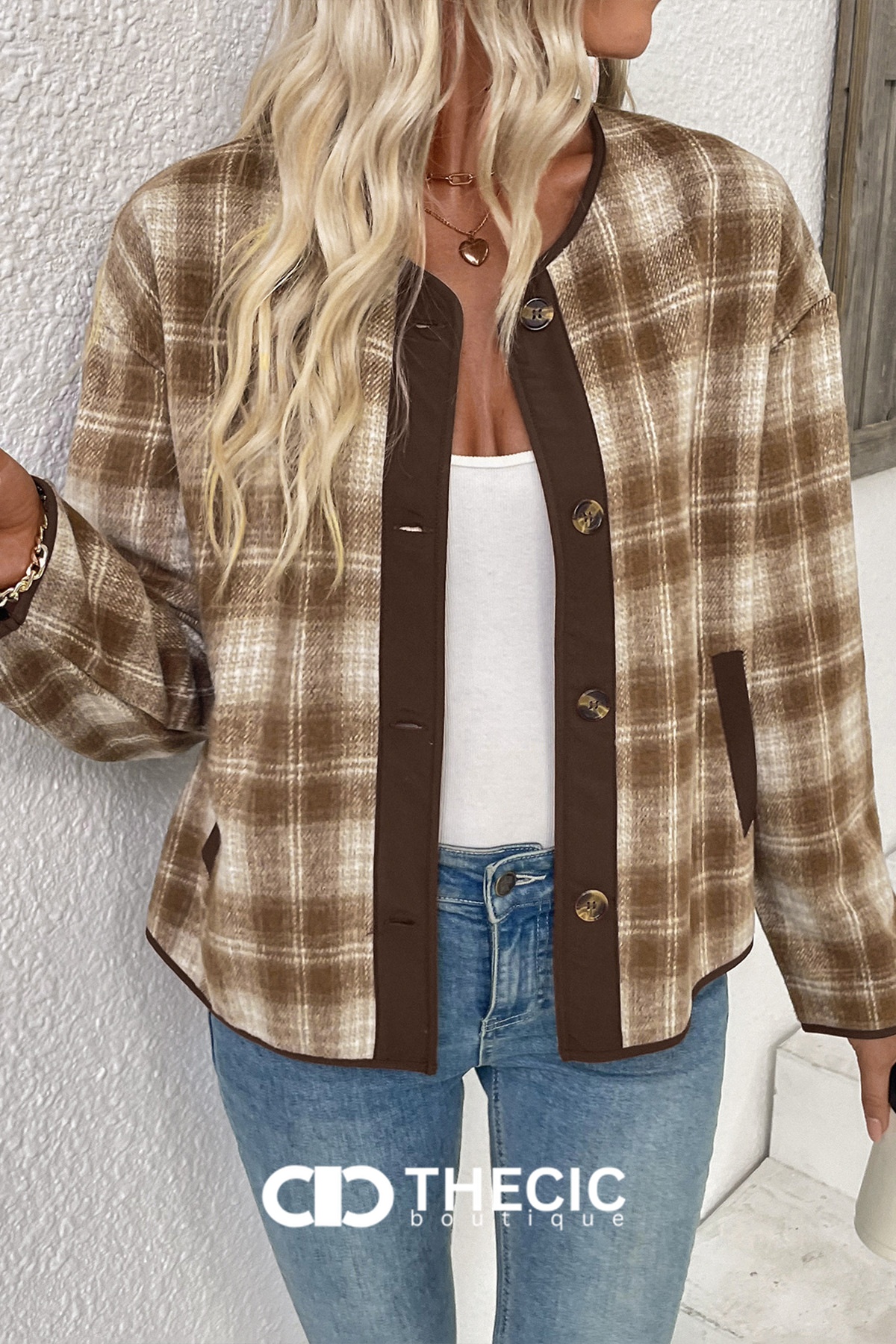 Plaid Round Neck Button-Front Trim Jacket