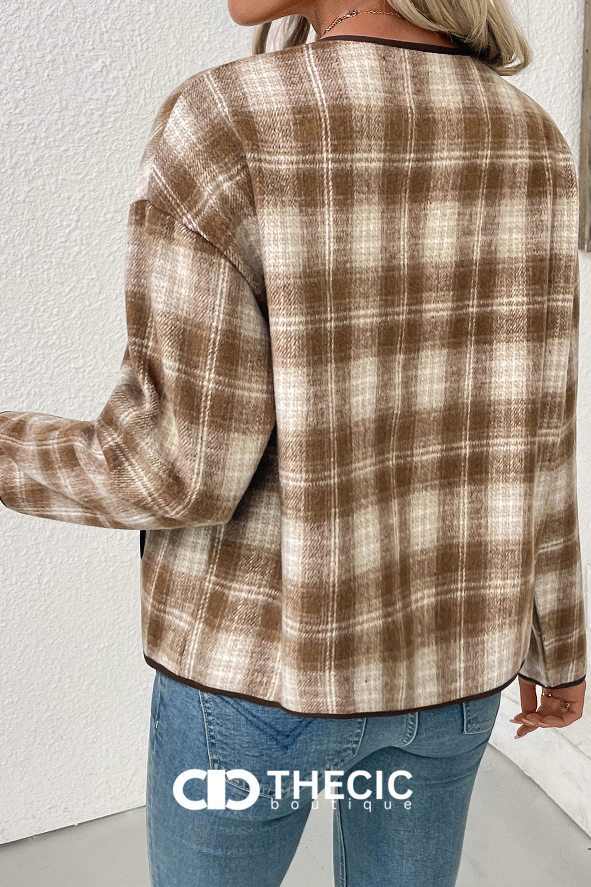 Plaid Round Neck Button-Front Trim Jacket