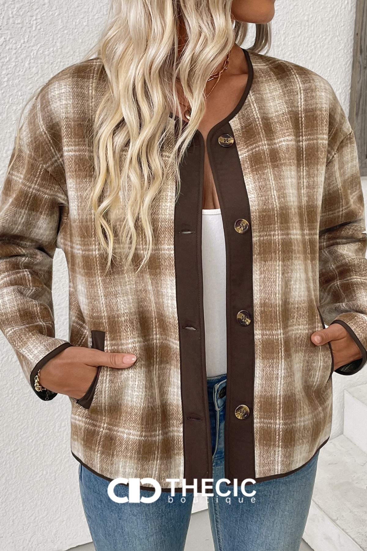 Plaid Round Neck Button-Front Trim Jacket