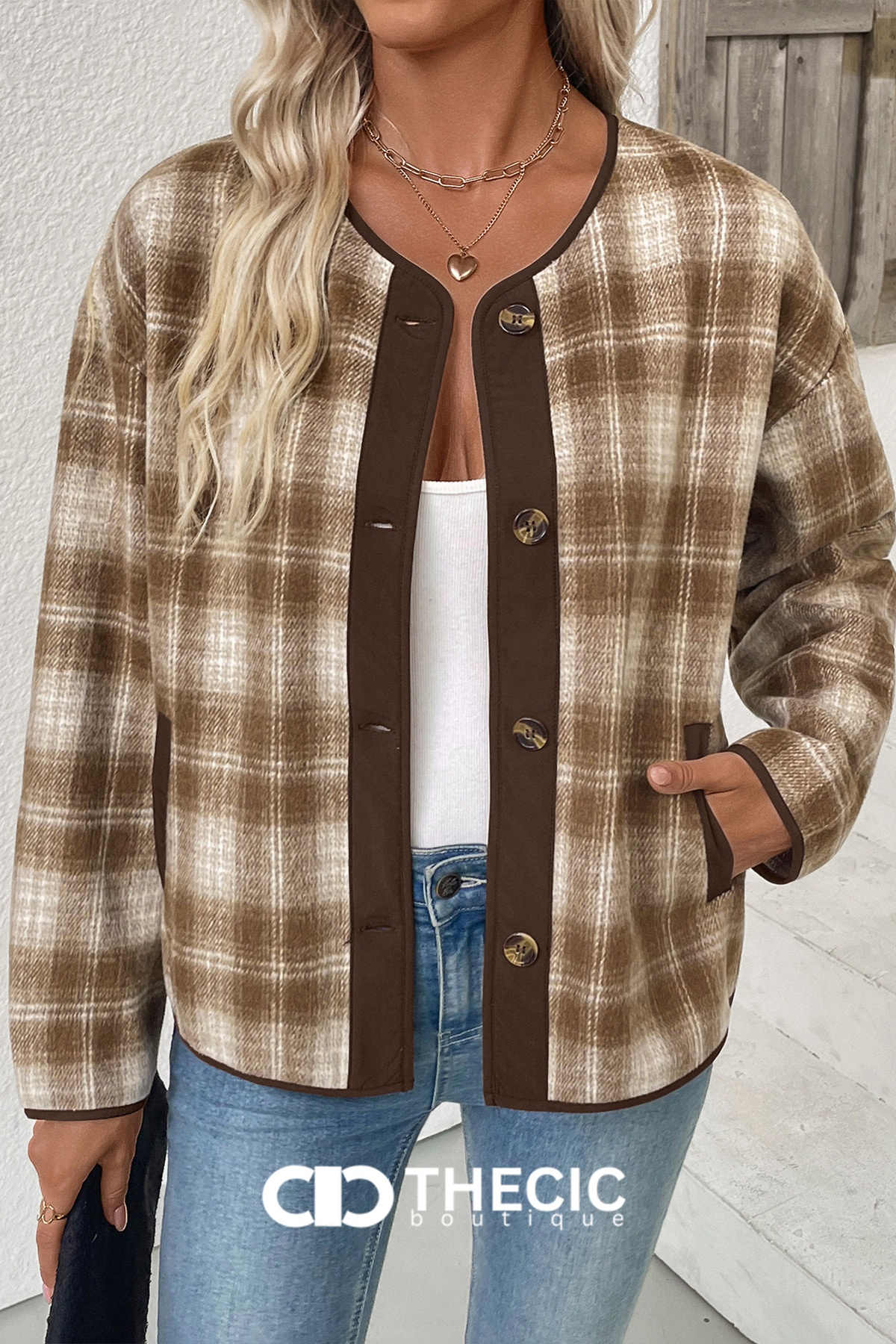 Plaid Round Neck Button-Front Trim Jacket